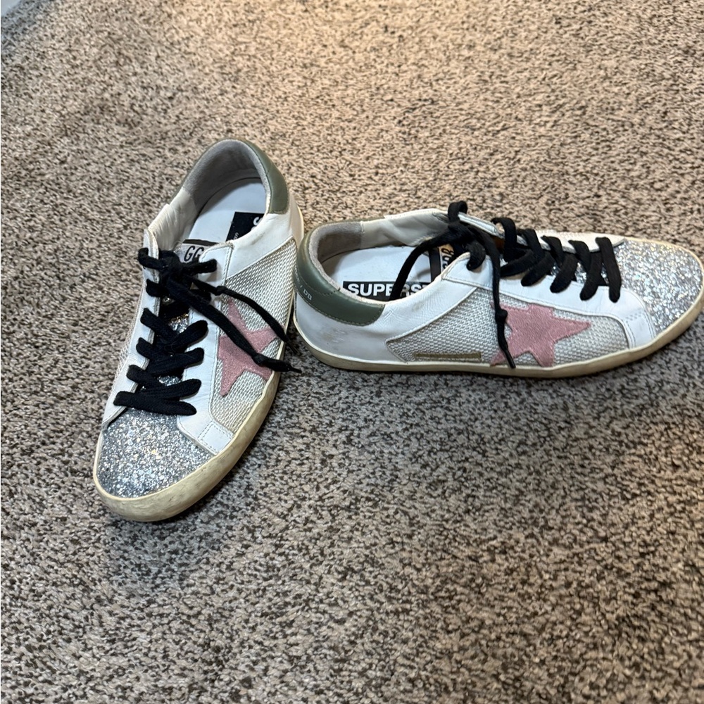 Golden Goose Women's Sneakers - Silver Glitter and Pink Star